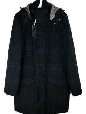 Tommy Hilfiger Black with Navy Plaid Hooded Trench Coat